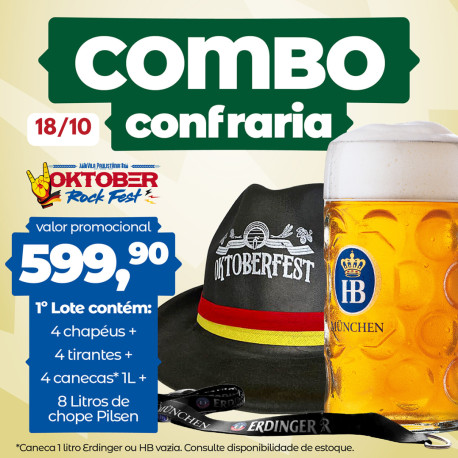 Combo Confraria Oktoberfest 2024 Sexta 18/10 (Lote1) 8L Chope Pilsen 4 Canecas 4 Chapéus 4 Tirantes 4 Lugares